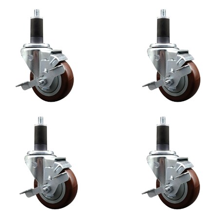 Service Caster 3.5'' SS Maroon Poly Swivel 1-1/4'' Expanding Stem Caster Set with Brake, 4PK SCC-SSEX20S3514-PPUB-MRN-TLB-114-4